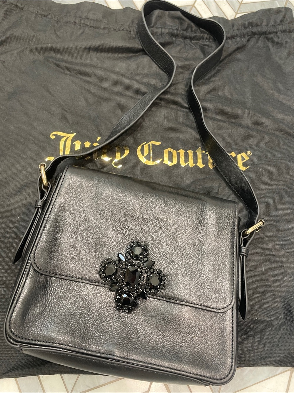 Juicy Couture Black Leather Shoulder Bag with Gem Cluster